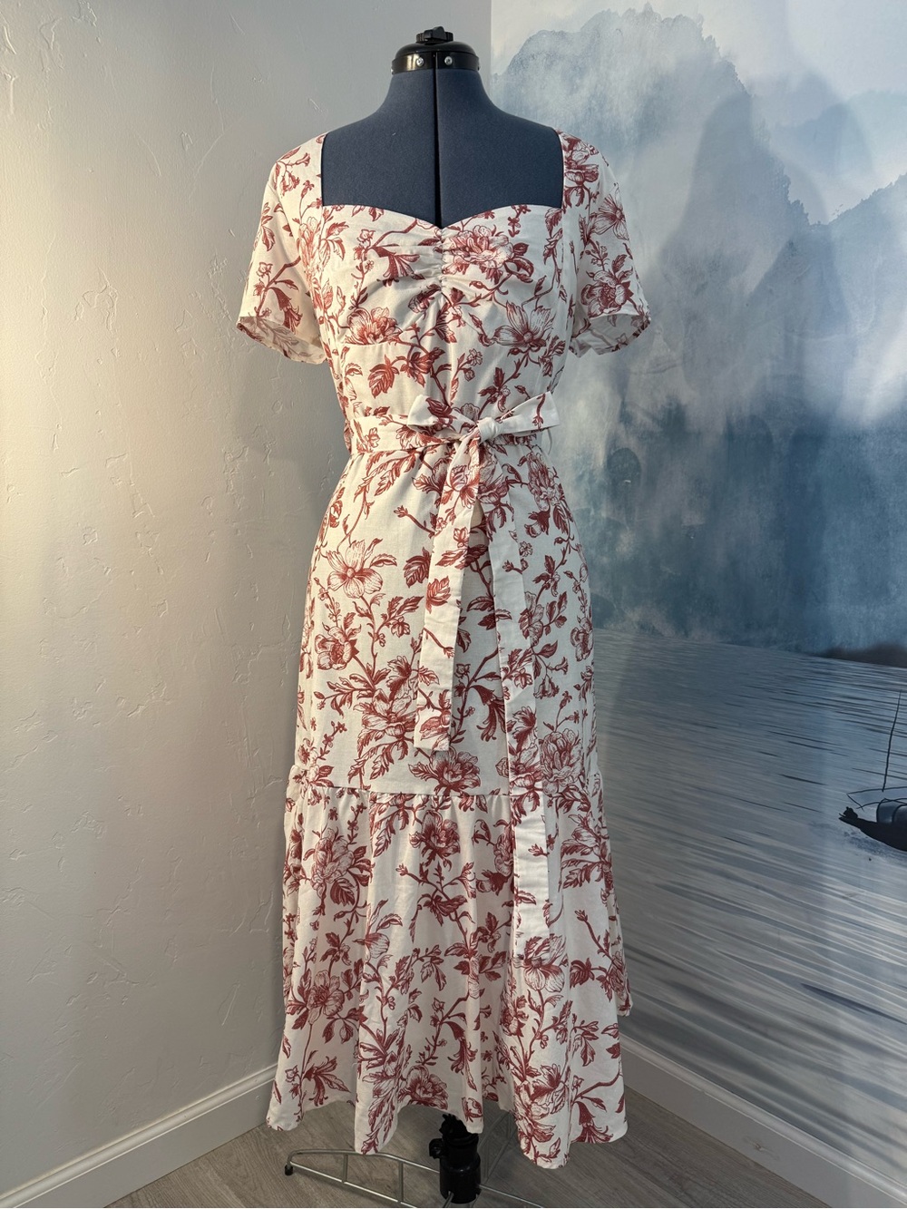 Floral Tie-Waist Maxi Dress in Cream and Rust #192